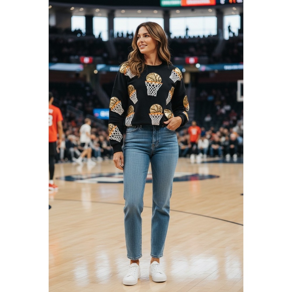 Unbranded Basketball Sequin Sweatshirt Women Black Metallic Gold Net Small